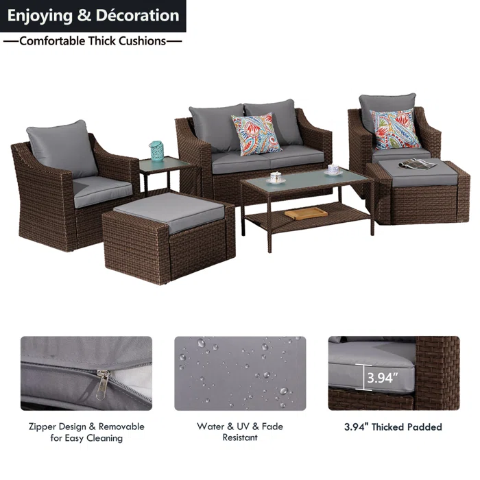 Ration Outdoor Garden Balcony Sofa Set 2 Seater, 2 Single seater With 2 Ottoman and 1 Center Table, 1 Side Table Set (Dark Brown)