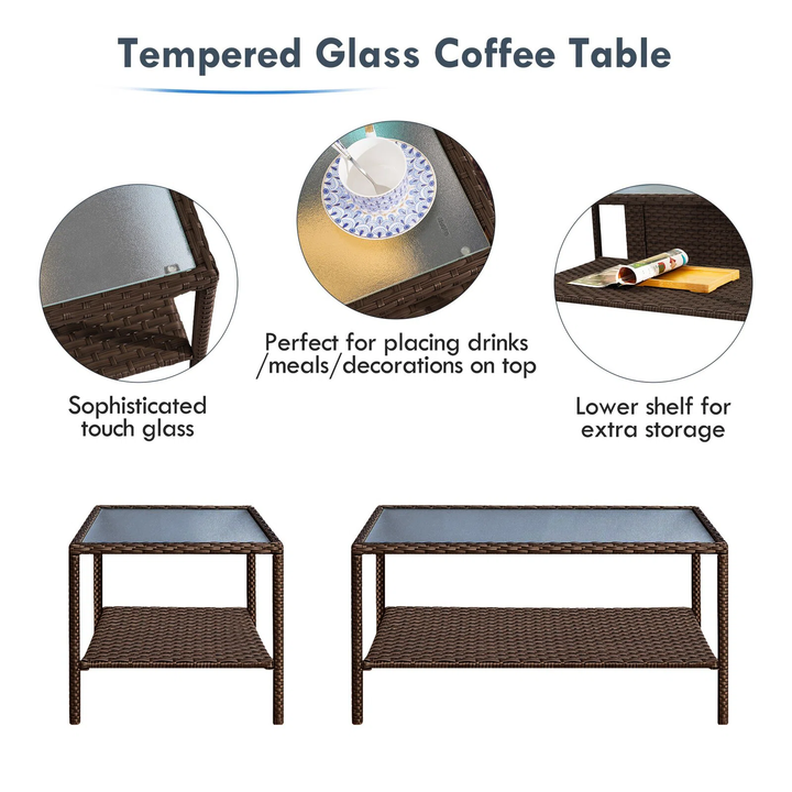 Ration Outdoor Garden Balcony Sofa Set 2 Seater, 2 Single seater With 2 Ottoman and 1 Center Table, 1 Side Table Set (Dark Brown)