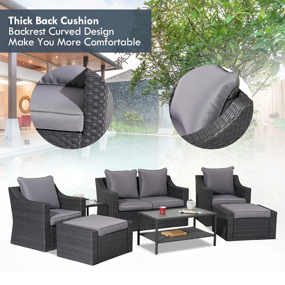 Tress Outdoor Garden Balcony Sofa Set 2 Seater, 2 Single seater With 2 Ottoman, 1 Center Table, 1 Side Table Set (Black)