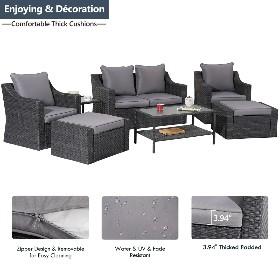 Tress Outdoor Garden Balcony Sofa Set 2 Seater, 2 Single seater With 2 Ottoman, 1 Center Table, 1 Side Table Set (Black)