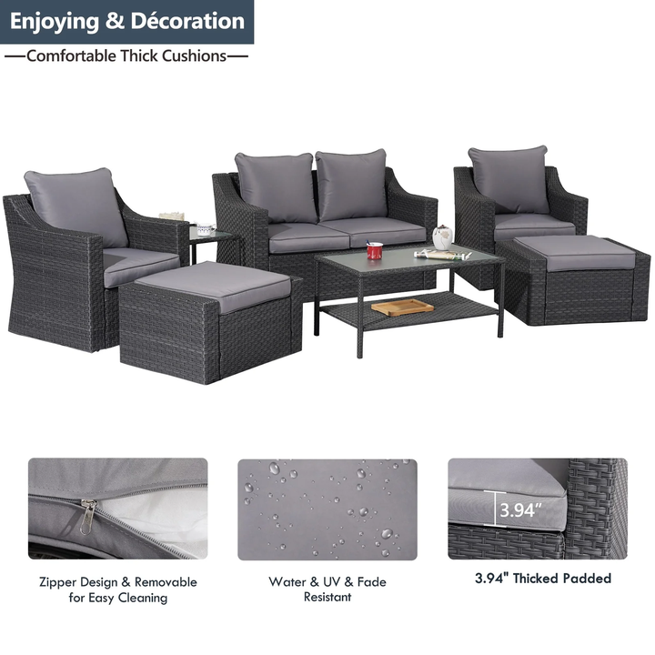 Tress Outdoor Garden Balcony Sofa Set 2 Seater, 2 Single seater With 2 Ottoman, 1 Center Table, 1 Side Table Set (Black)