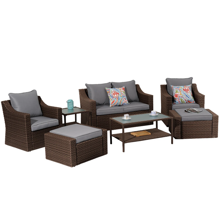 Ration Outdoor Garden Balcony Sofa Set 2 Seater, 2 Single seater With 2 Ottoman and 1 Center Table, 1 Side Table Set (Dark Brown)