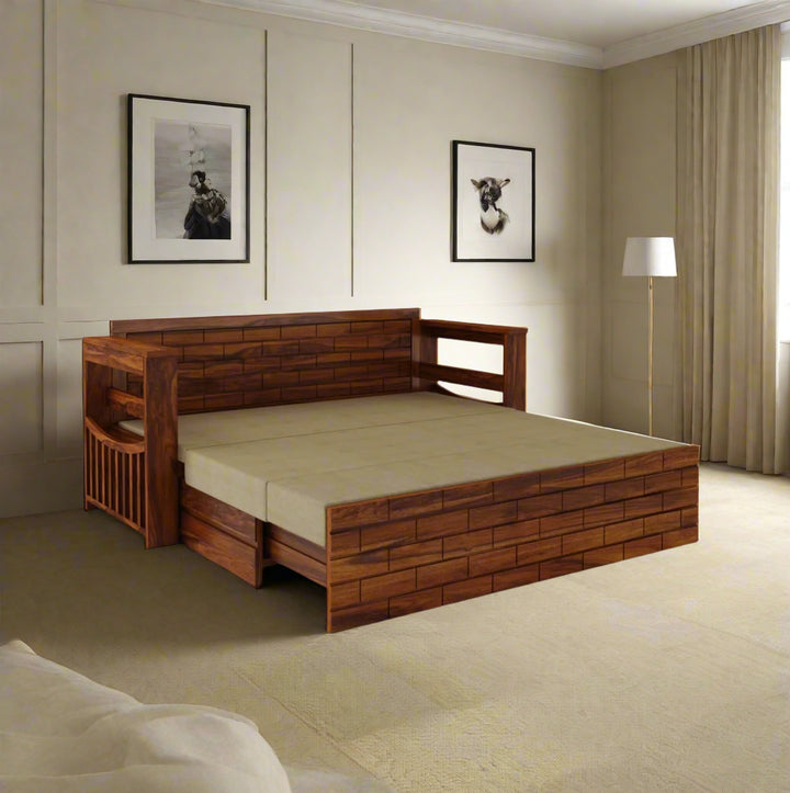 Harmony Solid Sheesham Wood 3 Seater Sofa Cum Bed With Headboard and Mini Storage