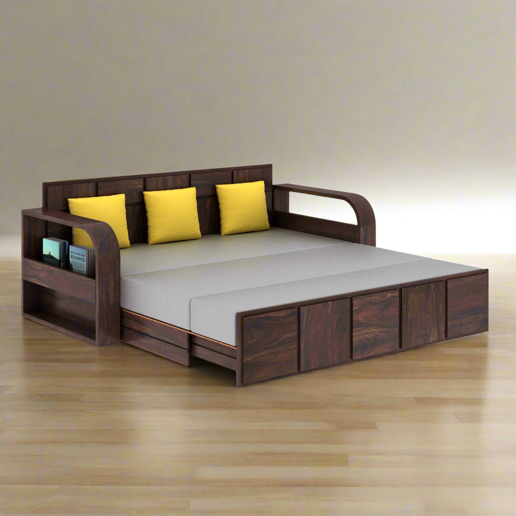 Magnolia Solid Sheesham Wood 3 Seater Sofa Cum Bed with Headboard Design