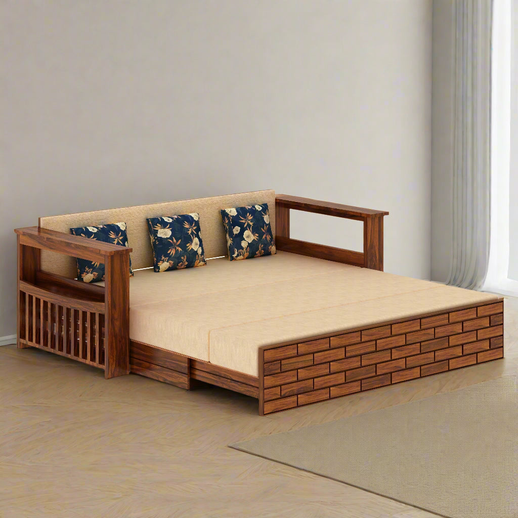 Eliana Solid Sheesham Wood 3 Seater Sofa Cum Bed With Side Pockets and Fabric at Back