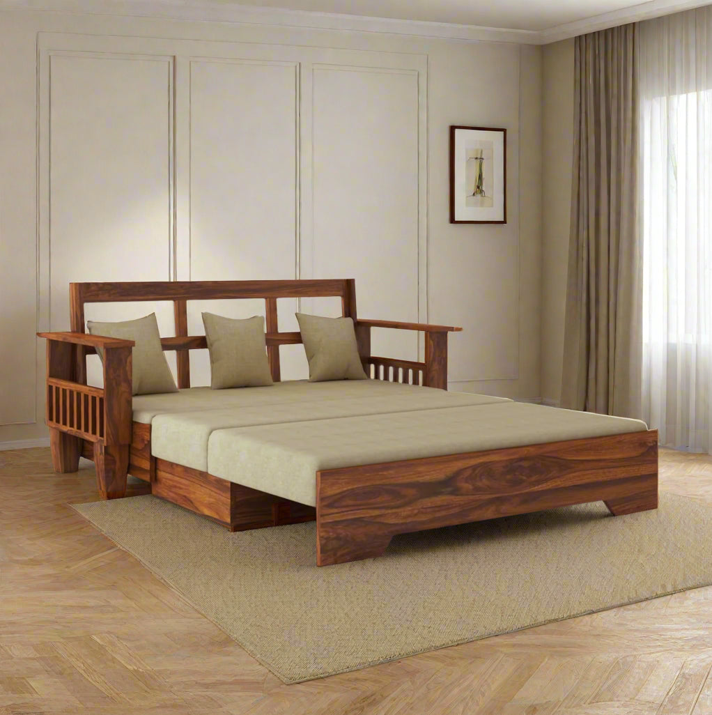 Remi Solid Sheesham Wood 3 Seater Sofa Cum Bed With Side Pockets