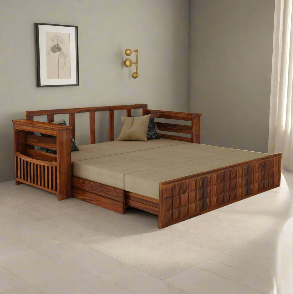 Eliana Solid Sheesham Wood 3 Seater Sofa Cum Bed With Mini Storage and Side Pockets