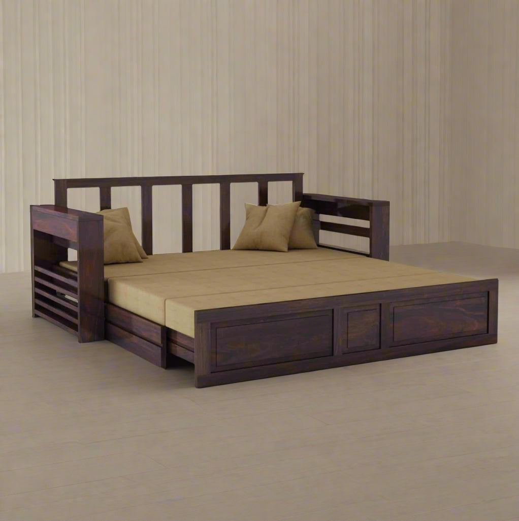 Catalina Solid Sheesham Wood 3 Seater Sofa Cum Bed Walnut with Side Pockets