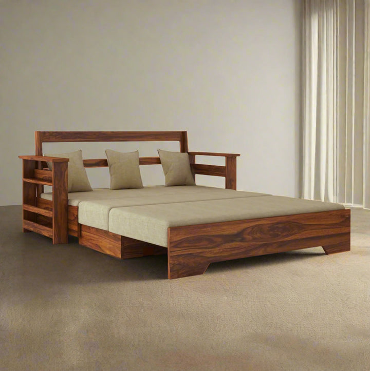 Brielle Solid Sheesham Wood 3 Seater Sofa Cum Bed With Side Pockets