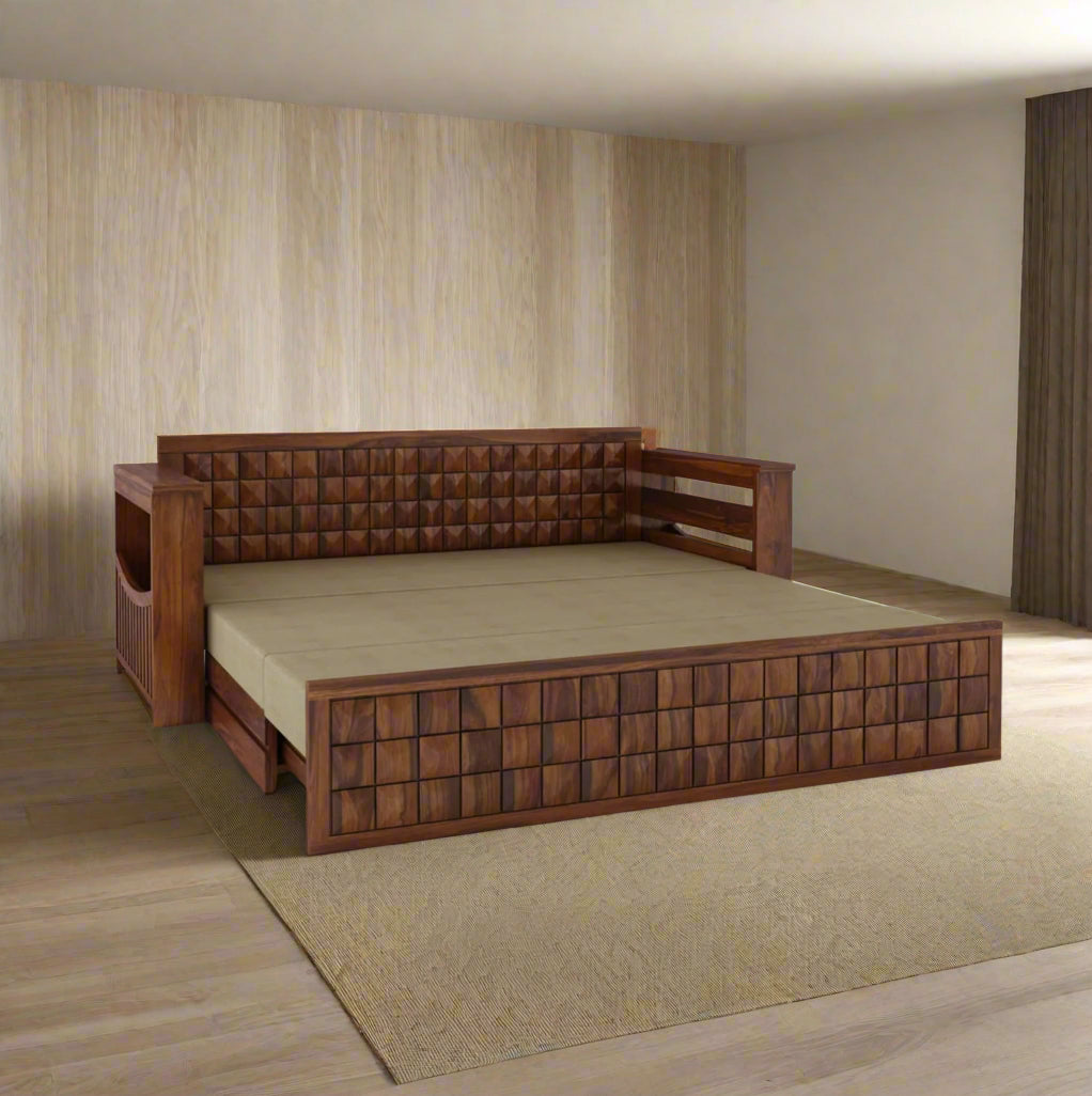 Freya Solid Sheesham Wood 3 Seater Sofa Cum Bed With Headboard and Mini Storage