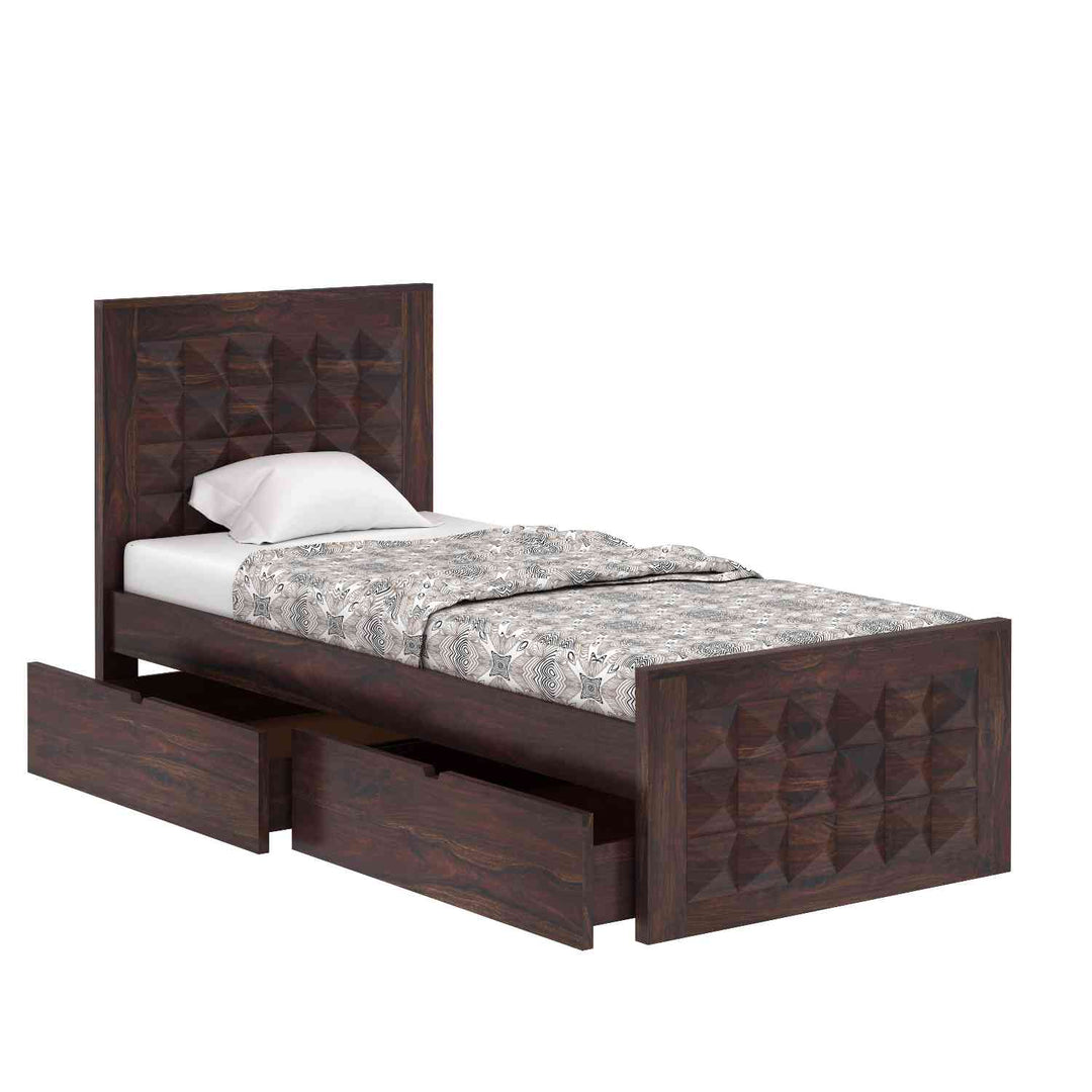 Flor Solid Sheesham Wood Single Bed With Two Drawer (Walnut Finish)