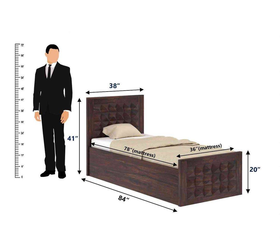 Genoveva Solid Sheesham Wood Single Bed With Box Storage (Walnut Finish)