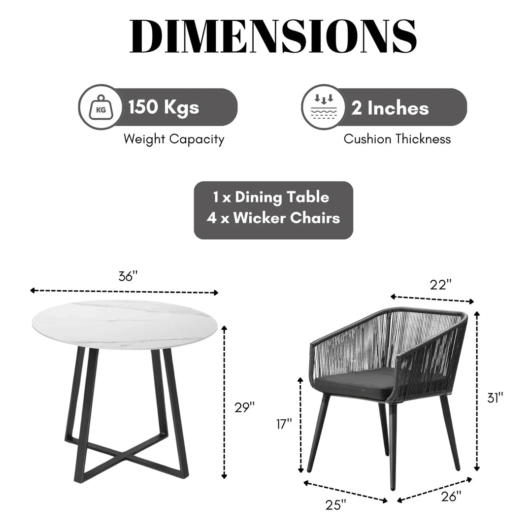 Galilea 5-Piece Outdoor Patio Dining Set with Rope Chairs & Marble-Top Table