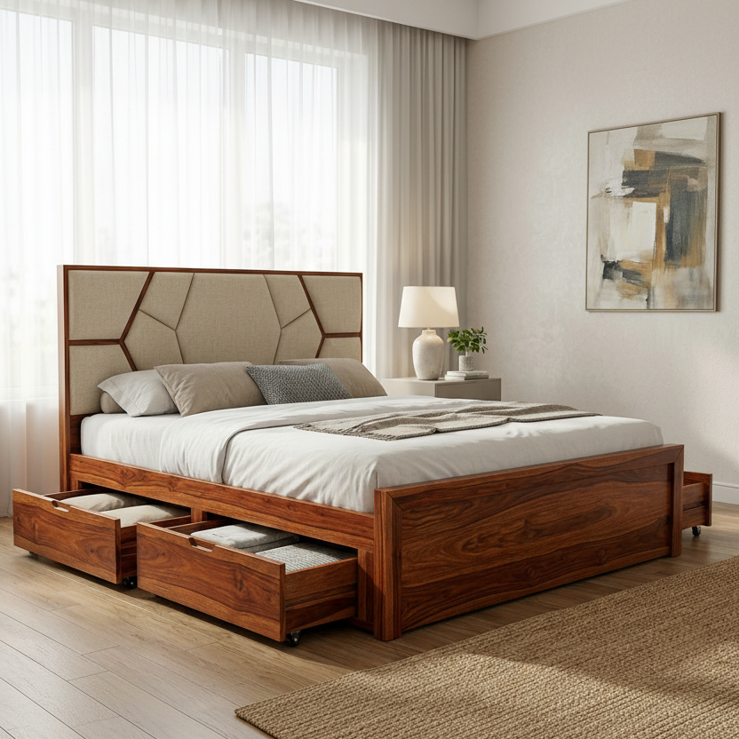Spencer Premium Sheesham Wood Bed with Fabric Headboard