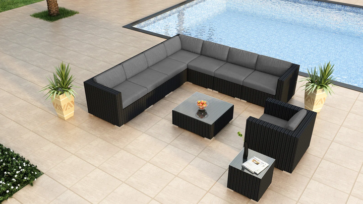 Arena Outdoor Sofa Set 7 Seater, Single seater and 1 Center Table With 1 Side Table Set (Black)