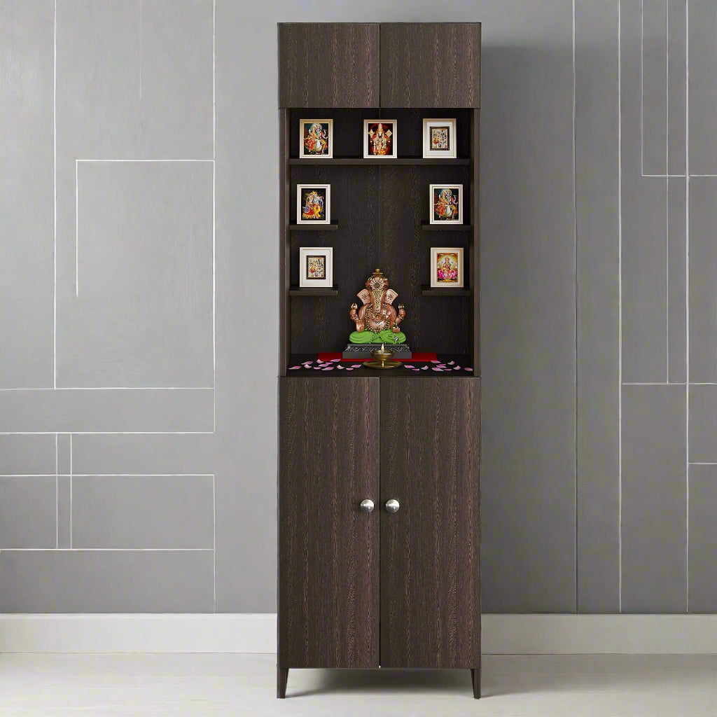 Charvi Pooja Mandir for Home, Modern Temple for Home & Office, Prayer Cabinet Puja Stand Shelf in Wenge Finish