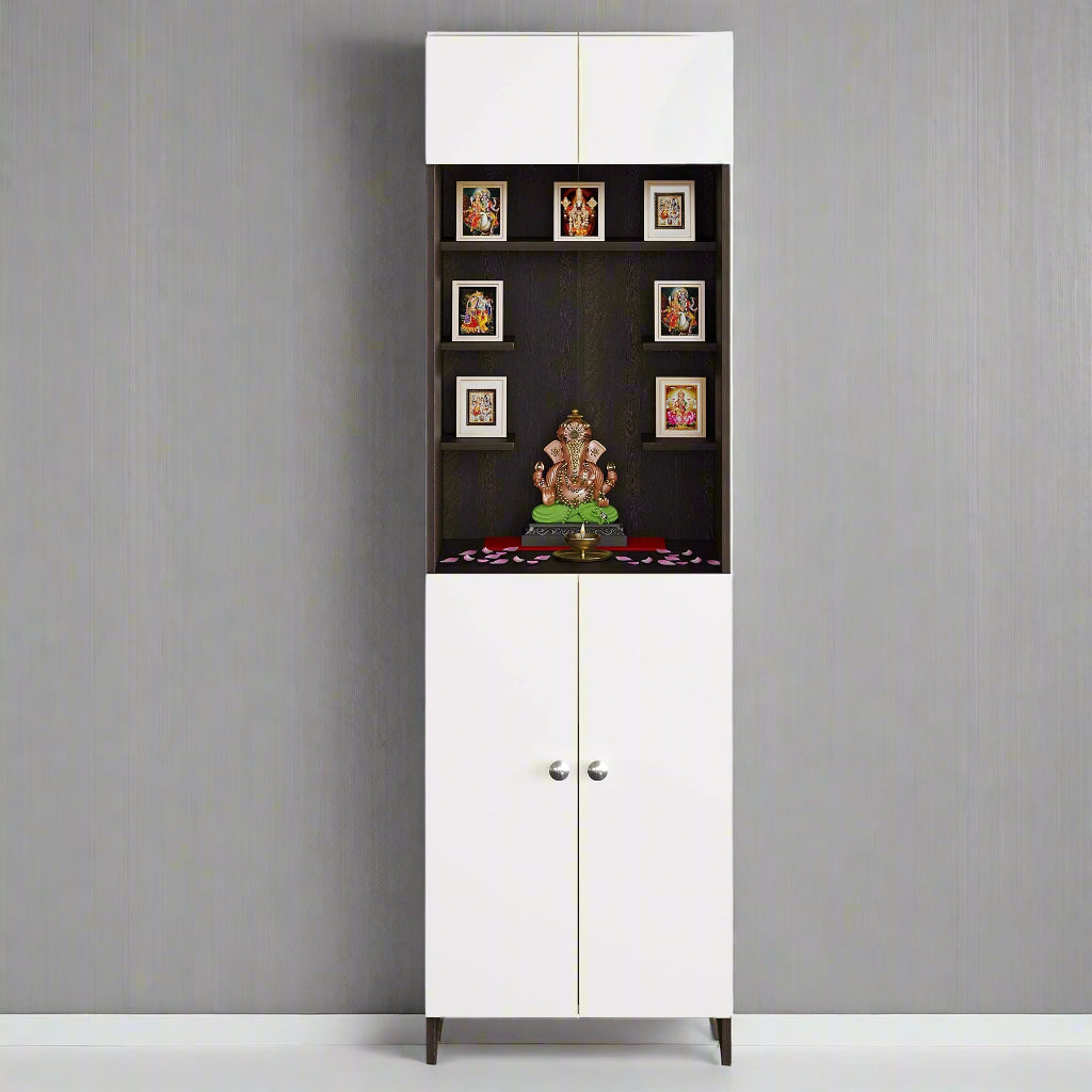Bhavya Pooja Mandir for Home, Modern Temple for Home & Office, Prayer Cabinet Puja Stand Shelf in Wenge & White Finish