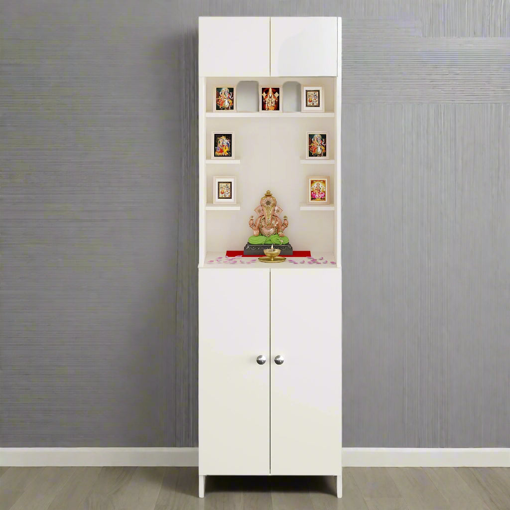 Divya Pooja Mandir for Home, Modern Temple for Home & Office, Payer Cabinet Puja Stand Shelf in White Finish