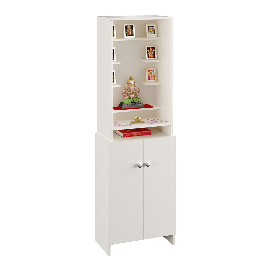 Aanya Pooja Mandir for Home, Modern Temple for Home & Office, Prayer Cabinet Puja Stand Shelf in White Finish