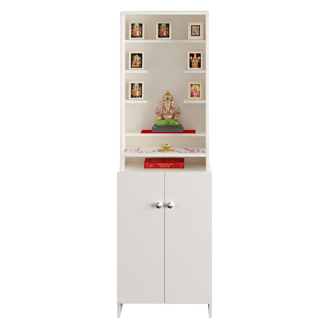 Aanya Pooja Mandir for Home, Modern Temple for Home & Office, Prayer Cabinet Puja Stand Shelf in White Finish