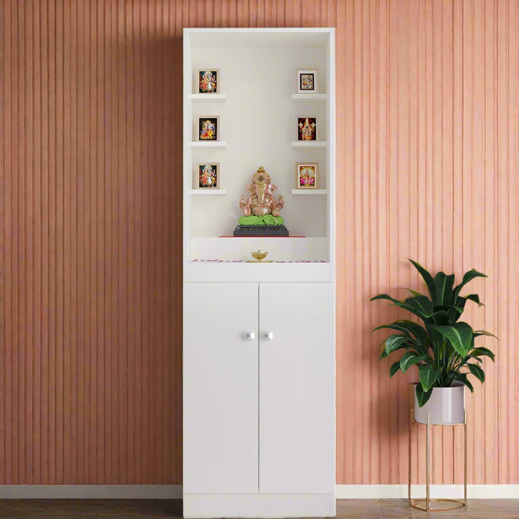 Aisha Pooja Mandir for Home, Modern Temple for Home & Office, Prayer Cabinet Puja Stand Shelf in White Finishj