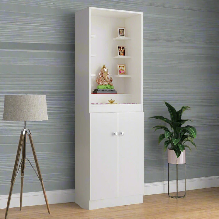 Aisha Pooja Mandir for Home, Modern Temple for Home & Office, Prayer Cabinet Puja Stand Shelf in White Finishj