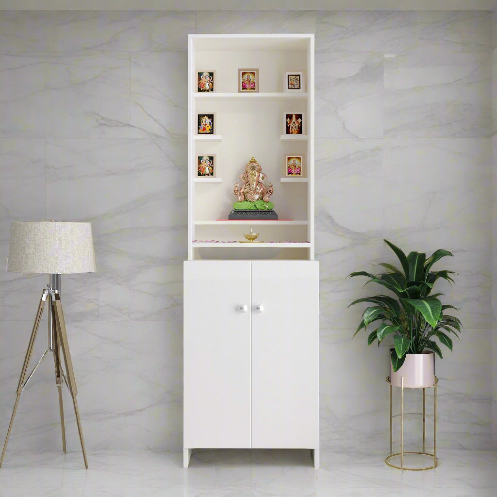 Aanya Pooja Mandir for Home, Modern Temple for Home & Office, Prayer Cabinet Puja Stand Shelf in White Finish