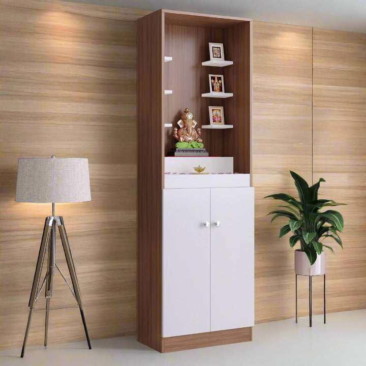 Saanvi Pooja Mandir for Home, Modern Temple for Home & Office, Prayer Cabinet Puja Stand Shelf in Exotic Teak & White Finish
