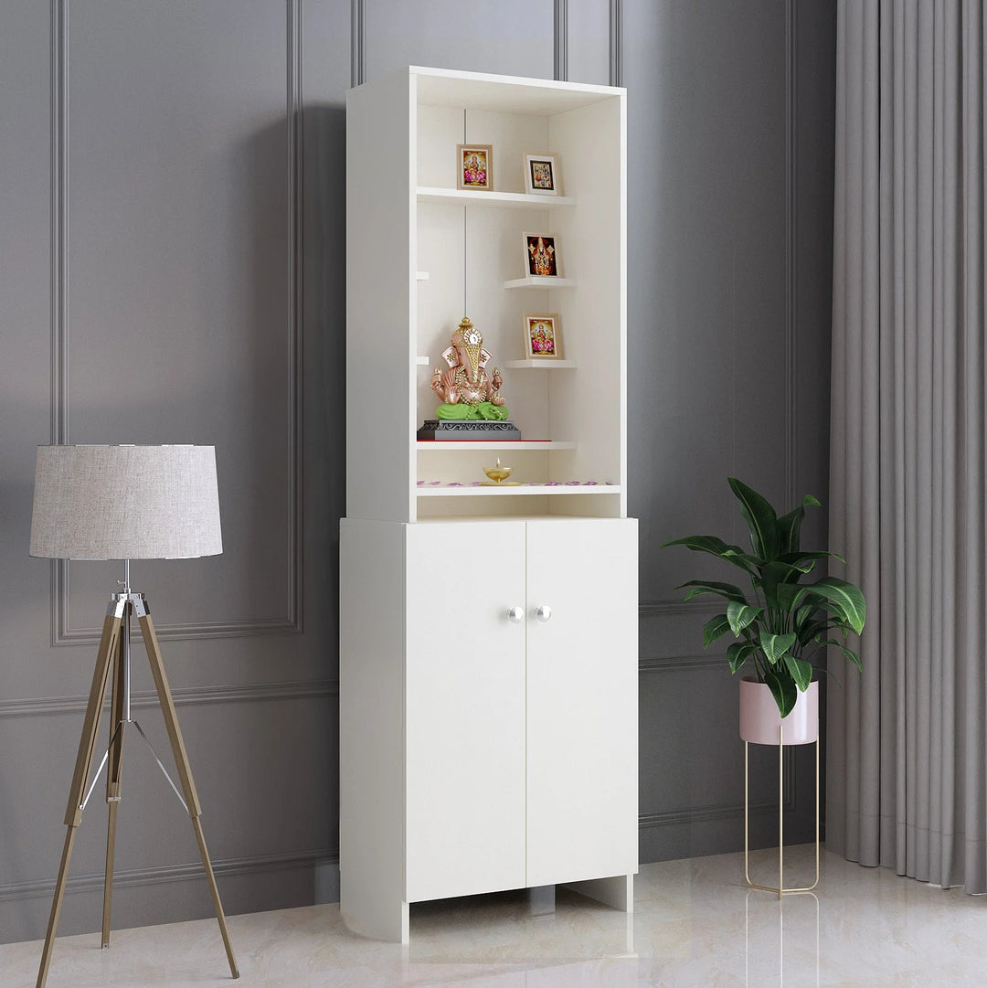 Aanya Pooja Mandir for Home, Modern Temple for Home & Office, Prayer Cabinet Puja Stand Shelf in White Finish