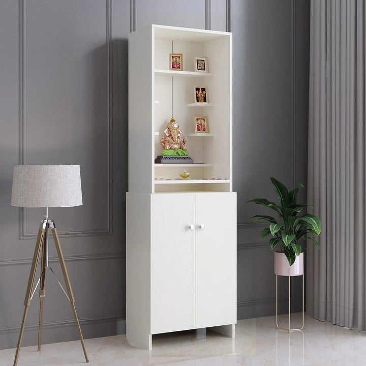Aanya Pooja Mandir for Home, Modern Temple for Home & Office, Prayer Cabinet Puja Stand Shelf in White Finish
