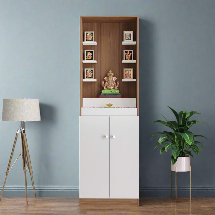 Saanvi Pooja Mandir for Home, Modern Temple for Home & Office, Prayer Cabinet Puja Stand Shelf in Exotic Teak & White Finish