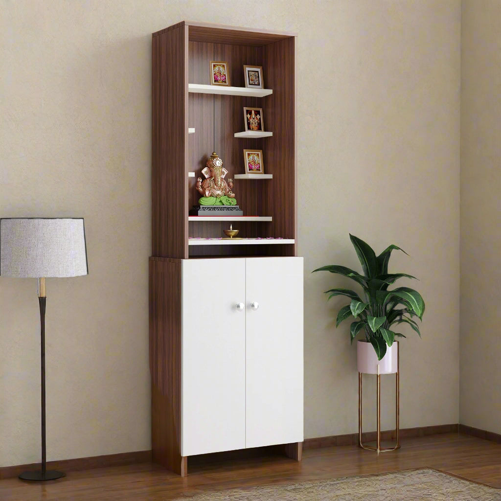 Aanya Engineered Wood Home Temple for Living Room & Office in Exotic Teak & White
