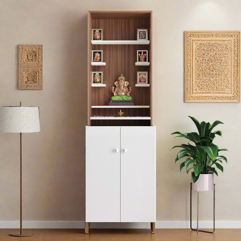 Aanya Engineered Wood Home Temple for Living Room & Office in Exotic Teak & White