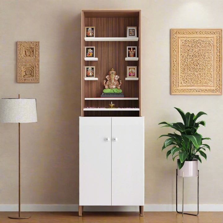 Aanya Engineered Wood Home Temple for Living Room & Office in Exotic Teak & White