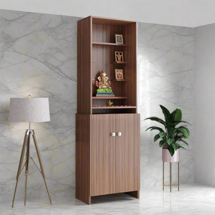 Aanya Pooja Mandir for Home, Modern Temple for Home & Office, Prayer Cabinet Puja Stand Shelf in Exotic Teak Finish