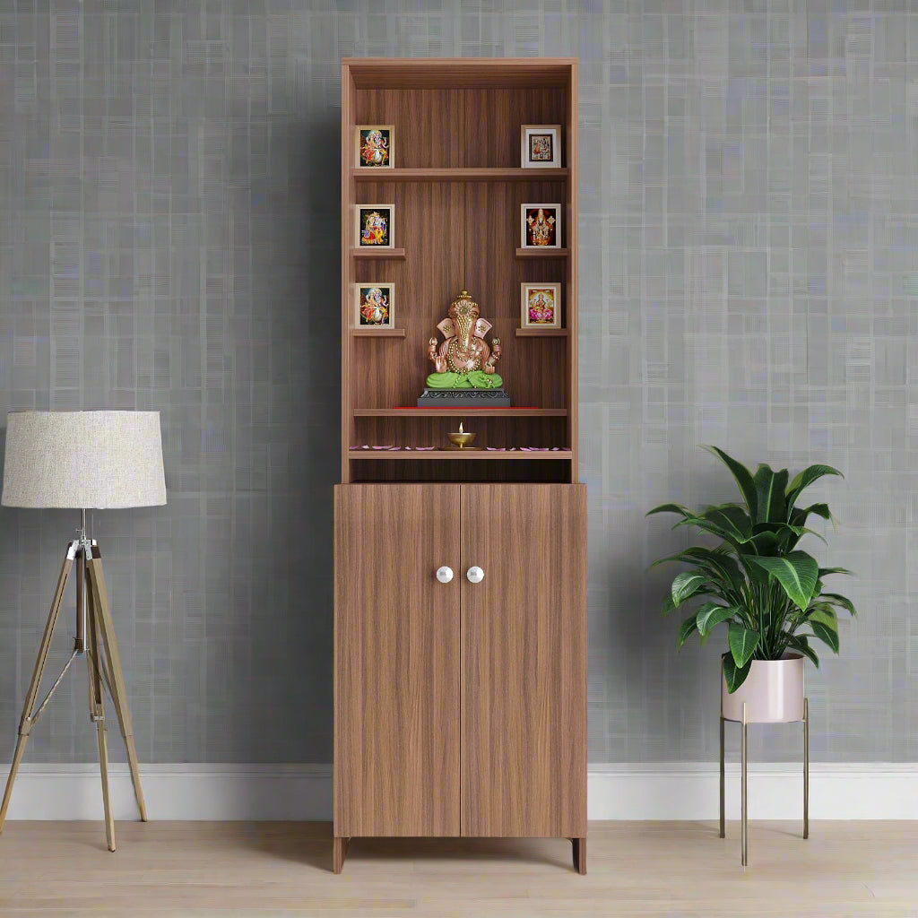 Aanya Pooja Mandir for Home, Modern Temple for Home & Office, Prayer Cabinet Puja Stand Shelf in Exotic Teak Finish