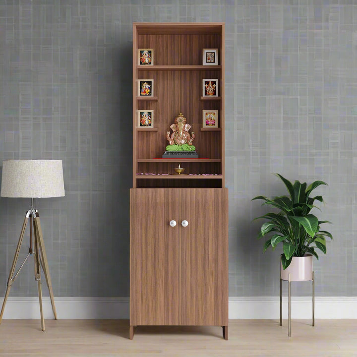 Aanya Pooja Mandir for Home, Modern Temple for Home & Office, Prayer Cabinet Puja Stand Shelf in Exotic Teak Finish