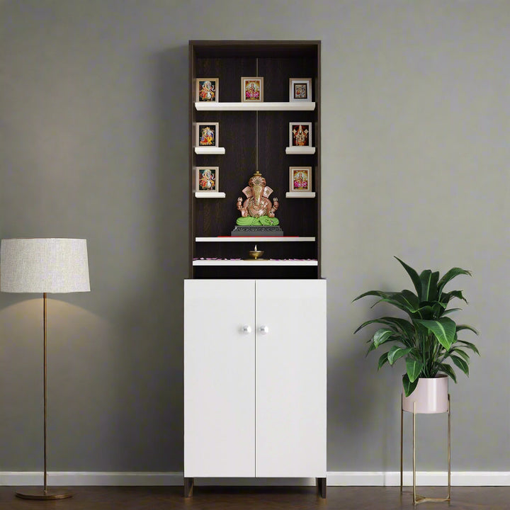 Aanya Pooja Mandir for Home, Modern Temple for Home & Office, Prayer Cabinet Puja Stand Shelf in Wenge & White Finish