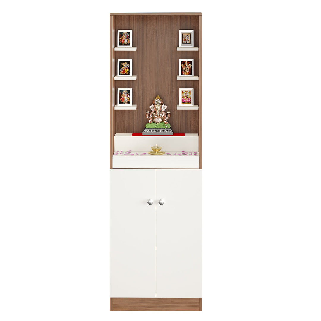 Saanvi Pooja Mandir for Home, Modern Temple for Home & Office, Prayer Cabinet Puja Stand Shelf in Exotic Teak & White Finish