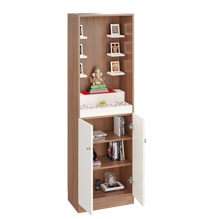 Saanvi Pooja Mandir for Home, Modern Temple for Home & Office, Prayer Cabinet Puja Stand Shelf in Exotic Teak & White Finish