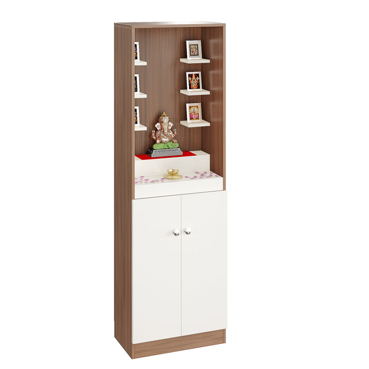 Saanvi Pooja Mandir for Home, Modern Temple for Home & Office, Prayer Cabinet Puja Stand Shelf in Exotic Teak & White Finish