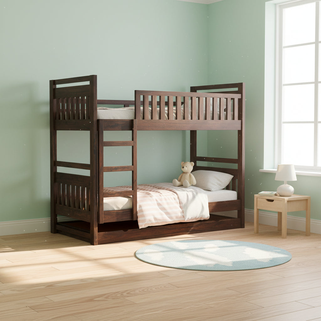 Teresa Solid Sheesham Wood Bunk Bed With Ladder & Trundle Bed