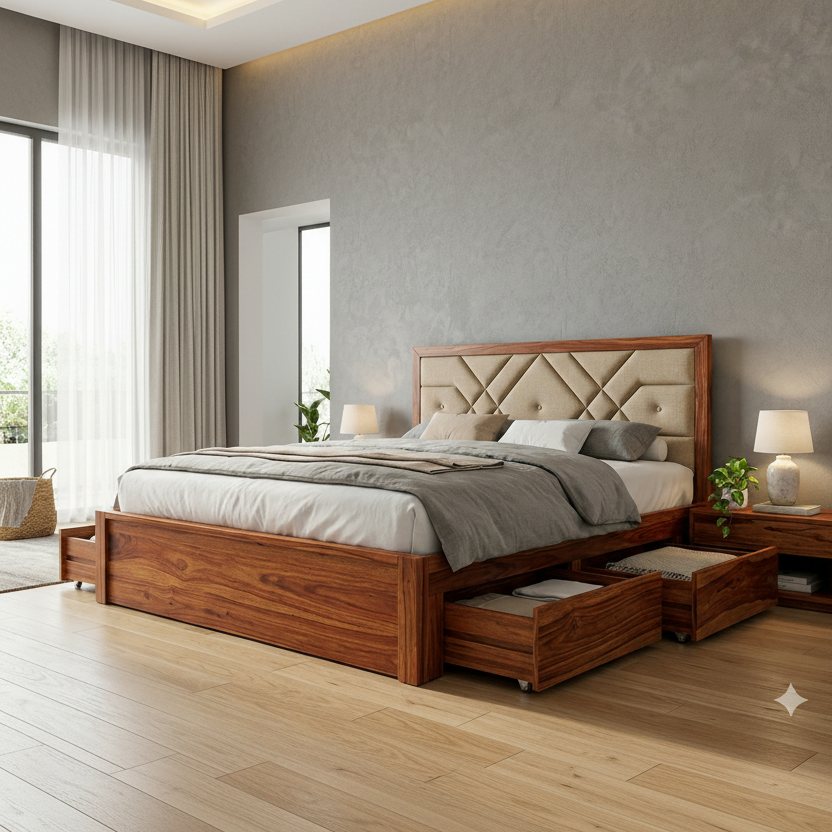 Tristan Premium Sheesham Wood Bed with Fabric Headboard