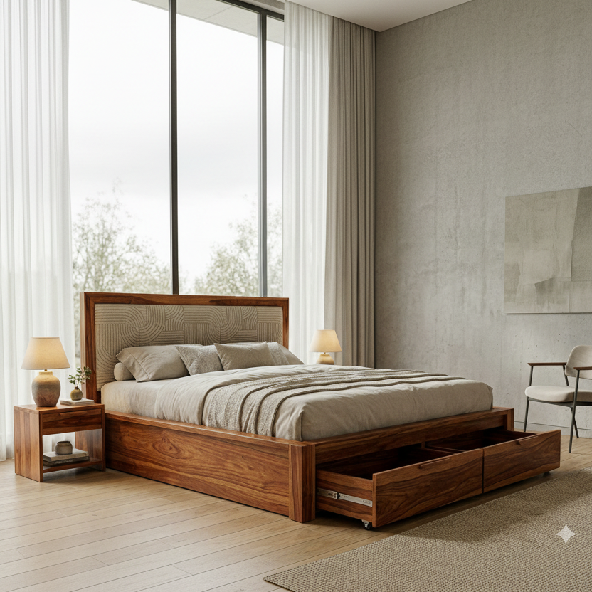 Tyson Premium Sheesham Wood Bed with Fabric Headboard