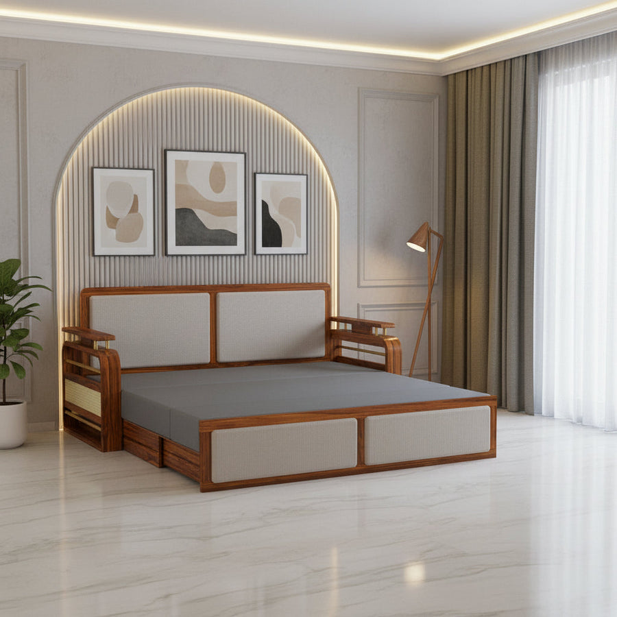 Sakshi Solid Sheesham Wood 3 Seater Sofa Cum Bed With Upholstered Headboard and Brass Detailing - 2 Years Warranty
