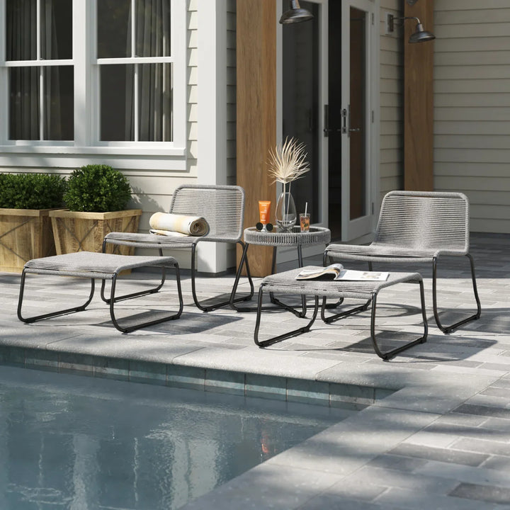 Teufel Outdoor Patio Seating Set 2 Chairs 2 Footrest and 1 Table Set Braided & Rope Grey