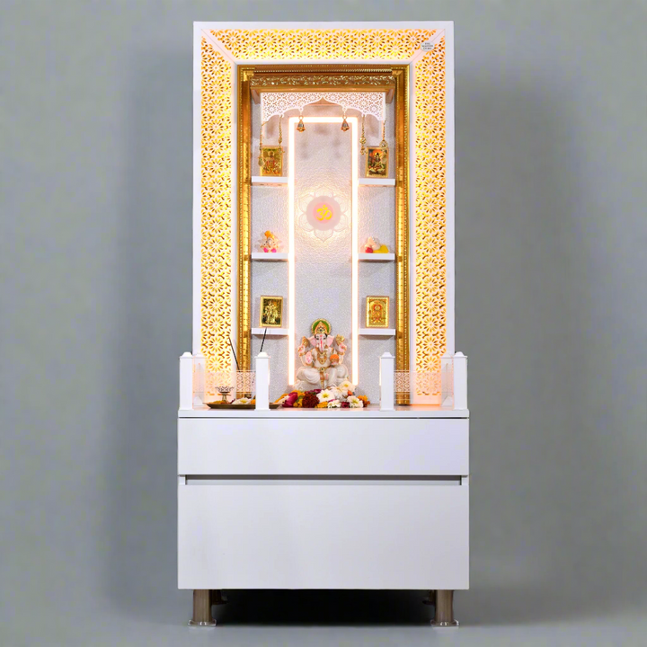 Valeria 5.5' x 2.5' White Gloss Wooden Mandir with Floating Shelves