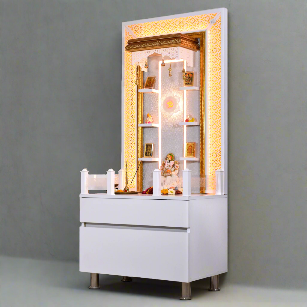 Valeria 5.5' x 2.5' White Gloss Wooden Mandir with Floating Shelves