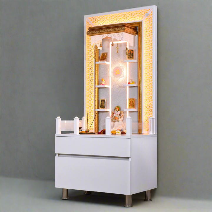 Valeria 5.5' x 2.5' White Gloss Wooden Mandir with Floating Shelves