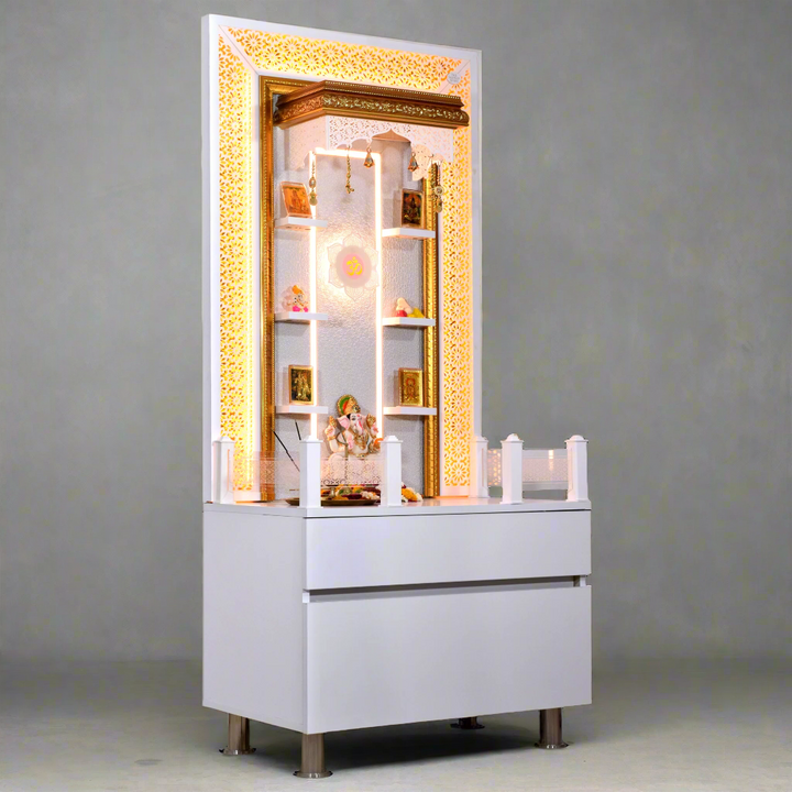 Valeria 5.5' x 2.5' White Gloss Wooden Mandir with Floating Shelves